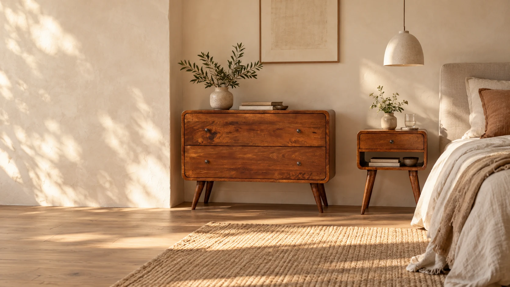 Avora bedside and Lina chest in a restful linen bedroom