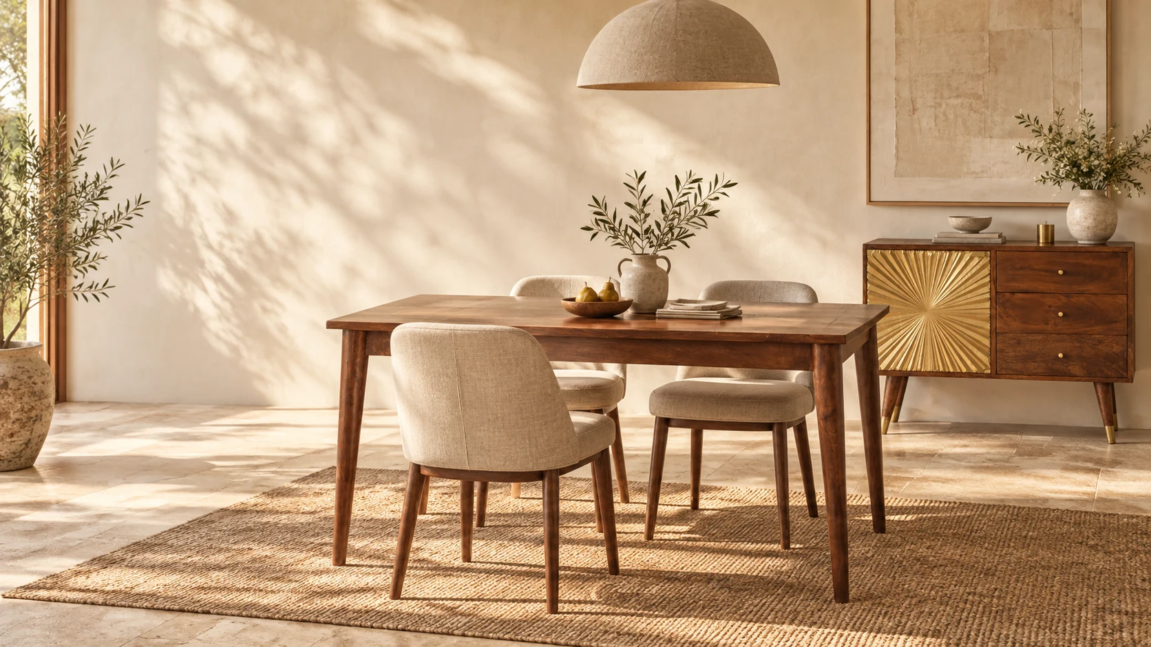 Nord chestnut dining table and Mila gold sideboard in a natural dining room