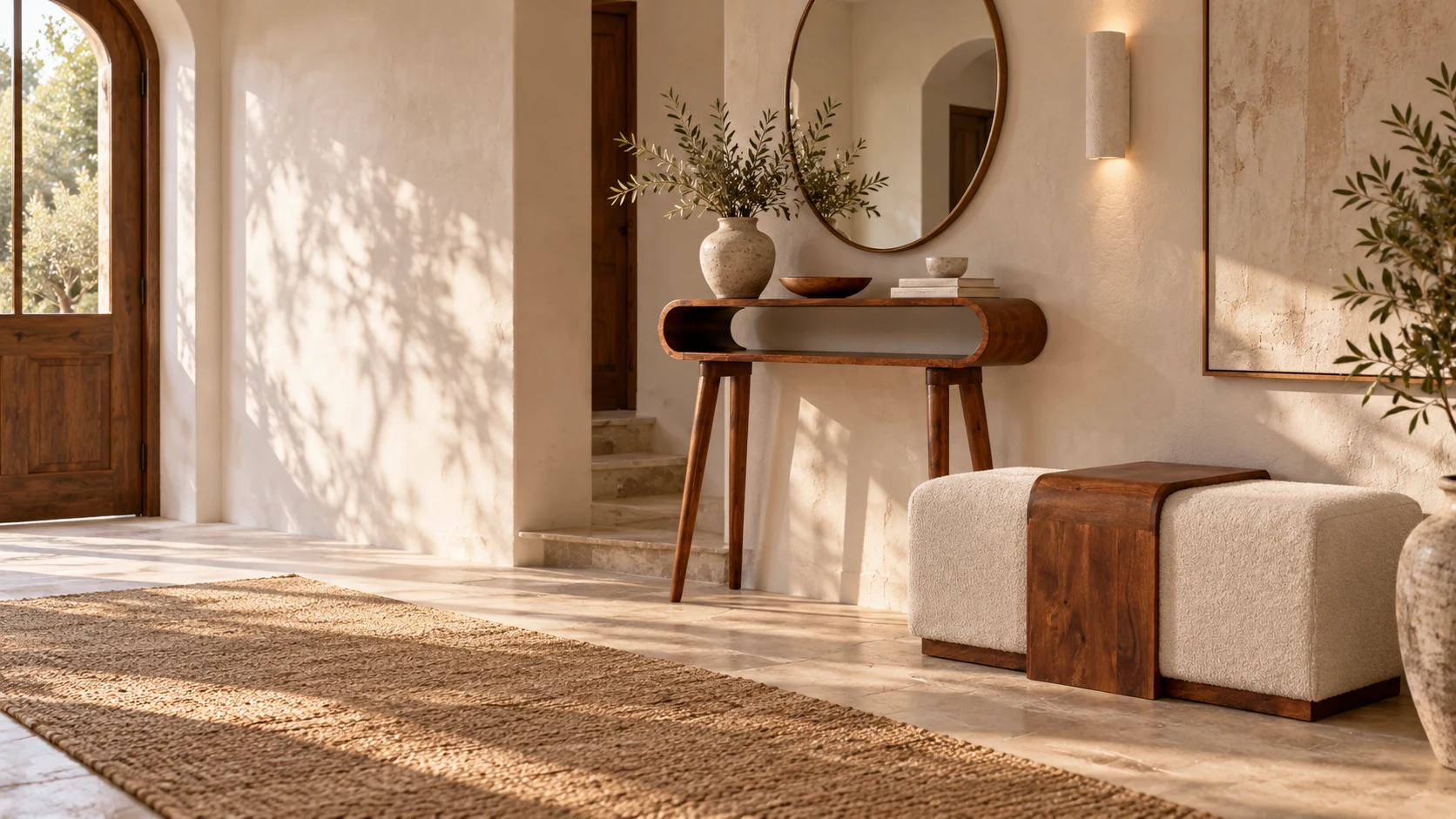Amaya console and Arden bench in a sunlit entryway