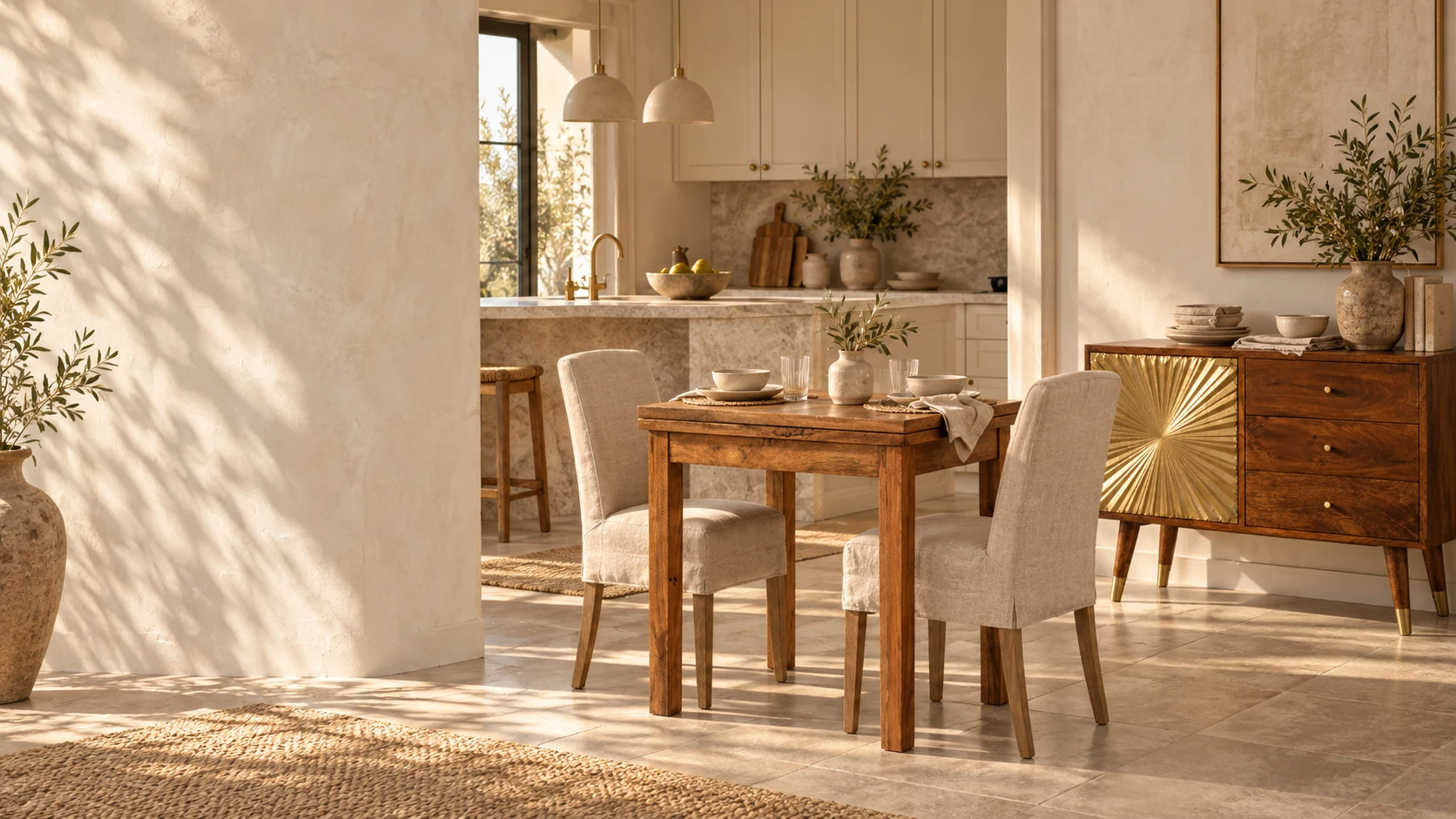 Nord compact butterfly dining table and Mila sideboard in a warm kitchen breakfast area