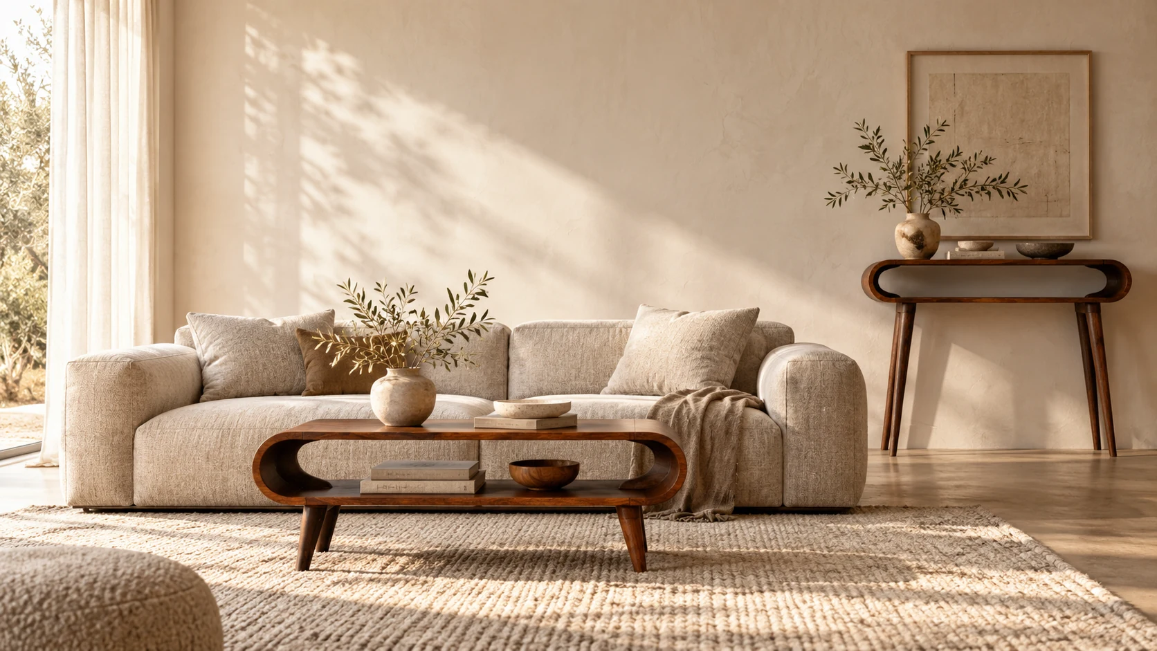 Amaya coffee table and console in a softly sunlit living room