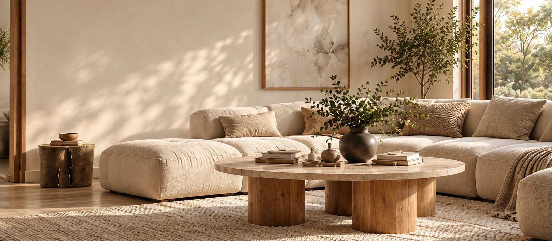 A warm living room with soft upholstery and natural wood