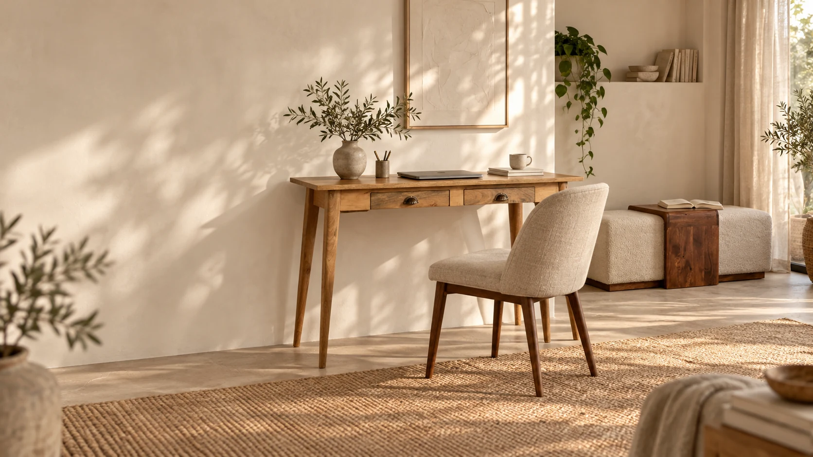 Nord writing desk and Arden bench in a quiet home workspace