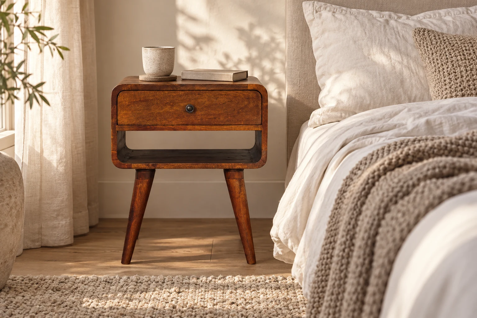 Avora chestnut bedside surrounded by linen and woven textures