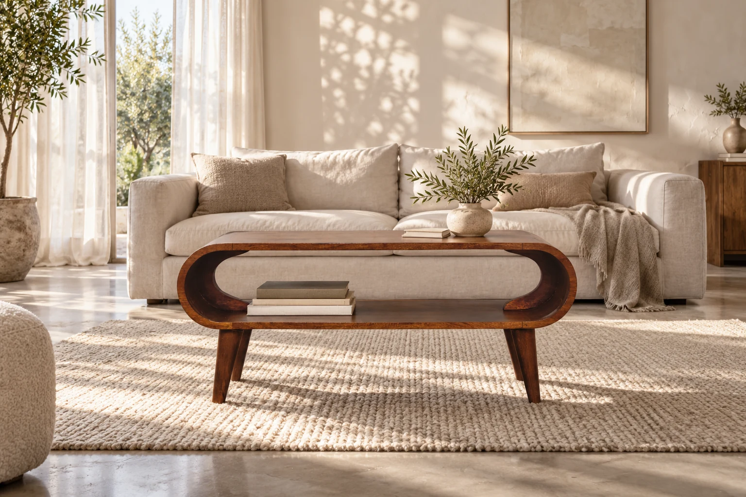 Amaya chestnut coffee table in a calm linen living room