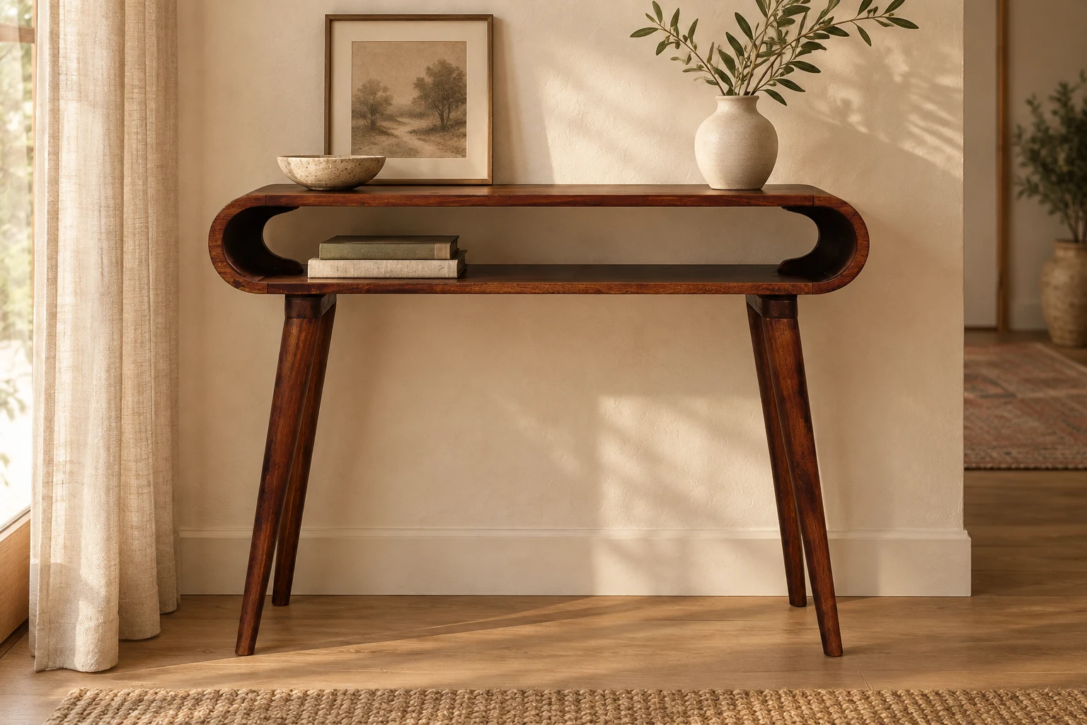 Books and ceramics arranged around the open shelf of an Amaya console
