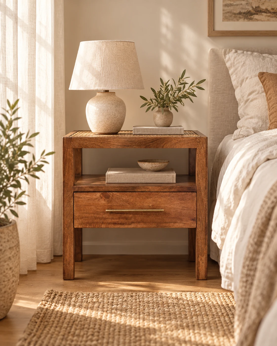 Rattan-topped bedside beside linen bedding
