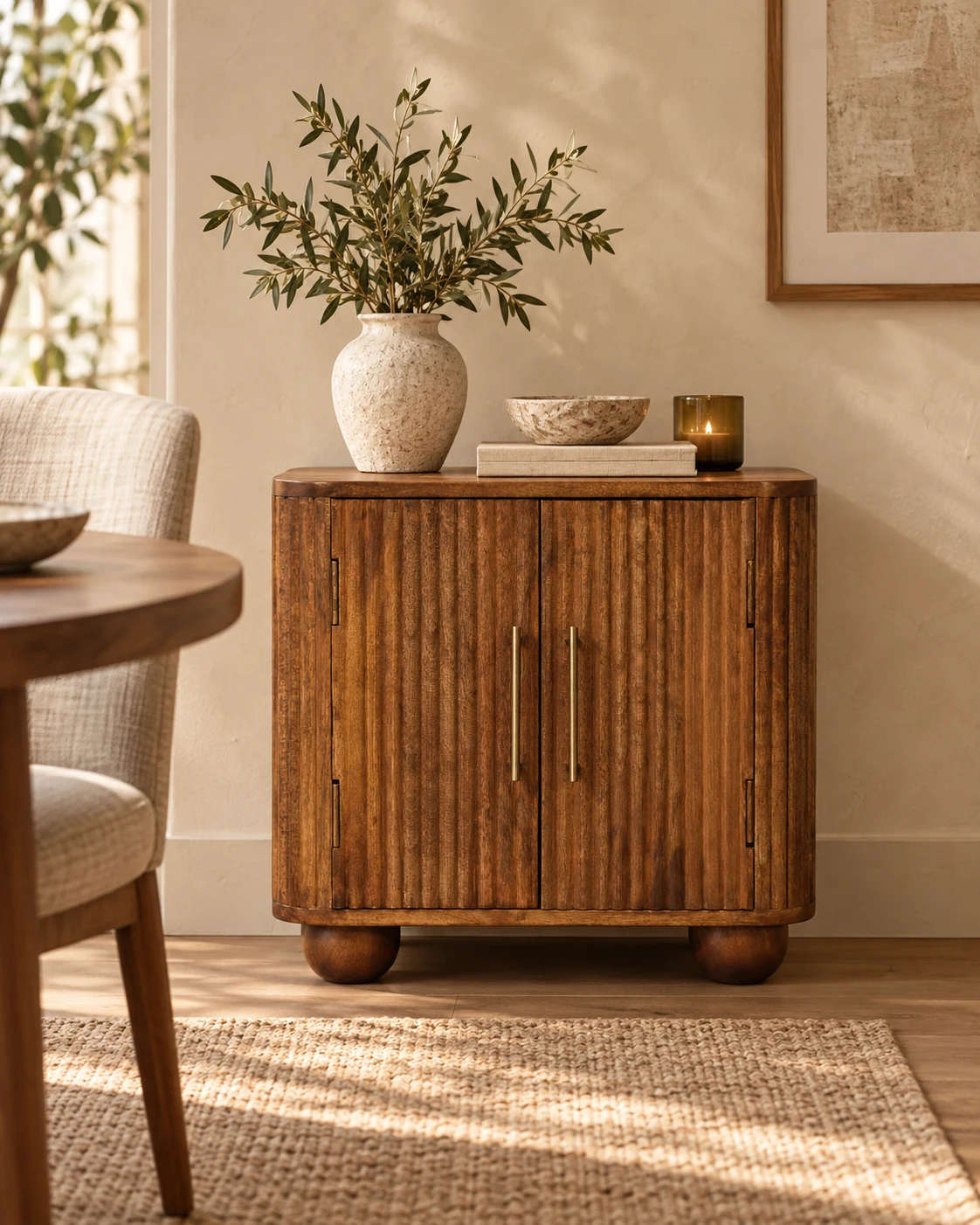 Petite fluted cabinet in a warm dining room