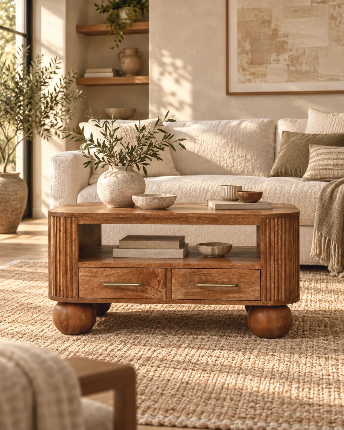 Fluted coffee table in a sunlit living room