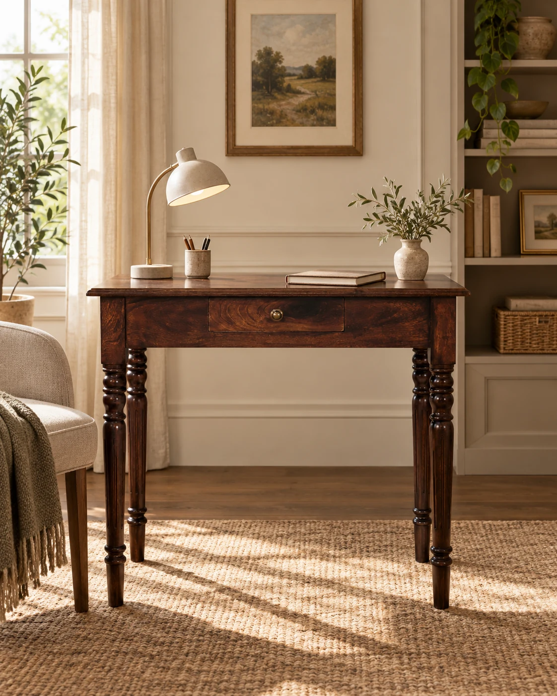 Walnut writing desk in a peaceful home study