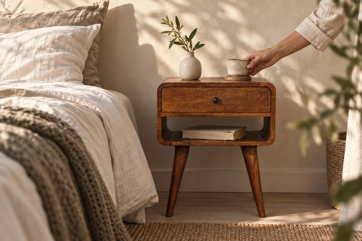 A quiet morning: setting a cup on a Tørel chestnut bedside beside soft linen bedding
