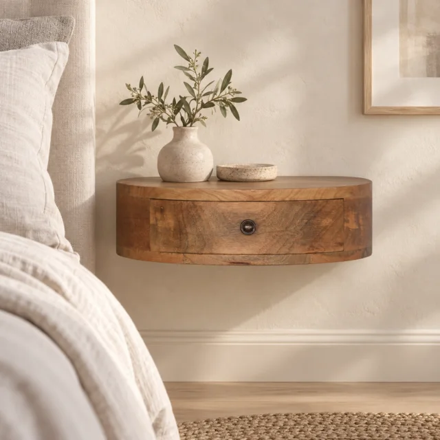 Lina Wall-Mounted Rounded Bedside — Natural — styled interior