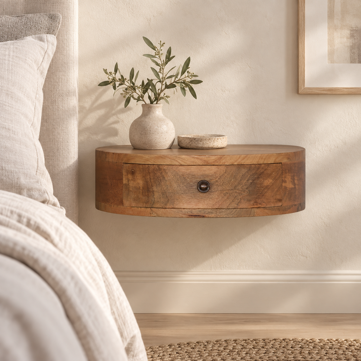 Lina Rounded Floating Bedside — Natural in a styled interior