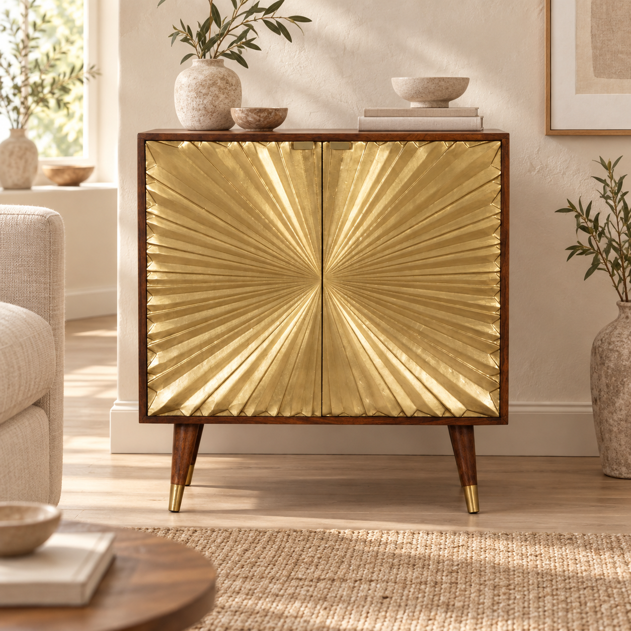Mila Gold Cabinet — Chestnut — styled interior