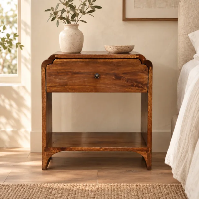 Norr Bedside — Chestnut · 45 × 50 cm — styled interior