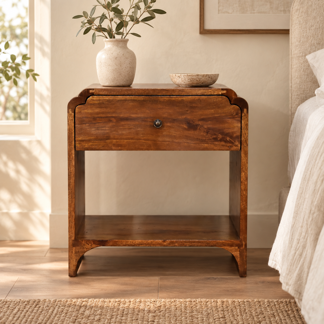 Norr Bedside — Chestnut · 45 × 50 cm — styled interior