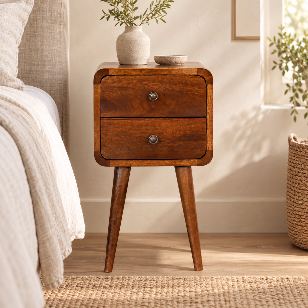 Lina Petite Curved Bedside — Chestnut · 30 × 55 cm — styled interior
