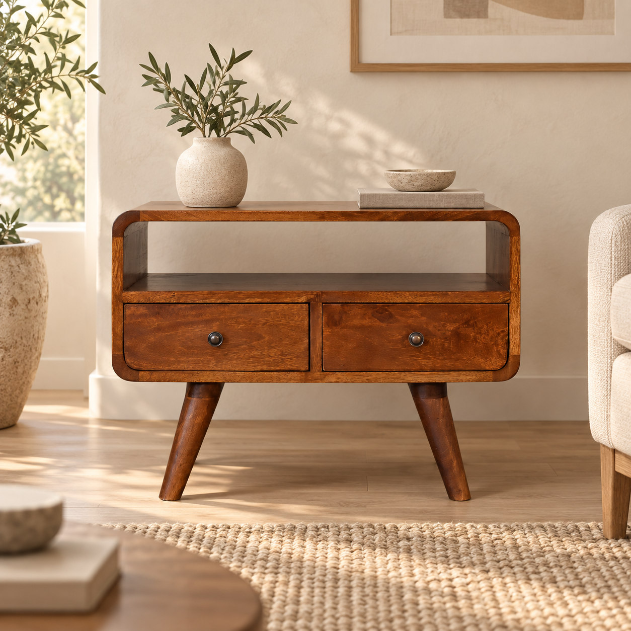 Lina Petite Curved Media Unit with 2 Drawers — Chestnut — styled interior