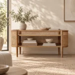Larissa Curved Rattan Shelving Unit — styled interior