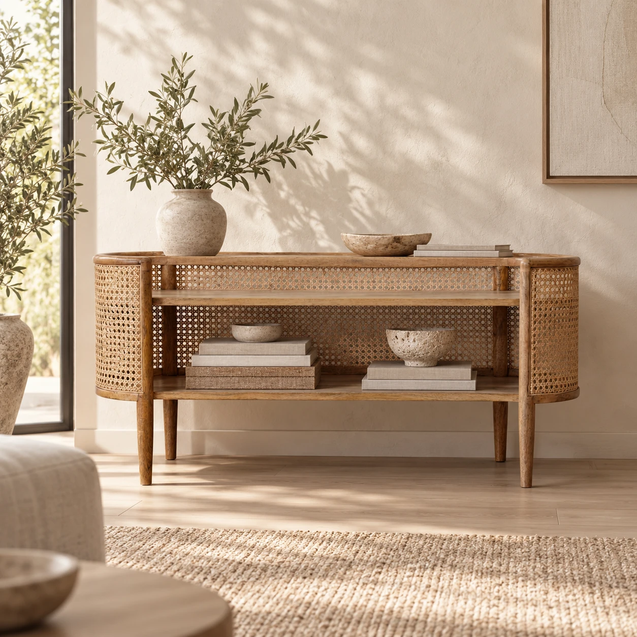 Larissa Curved Rattan Shelving Unit — styled interior
