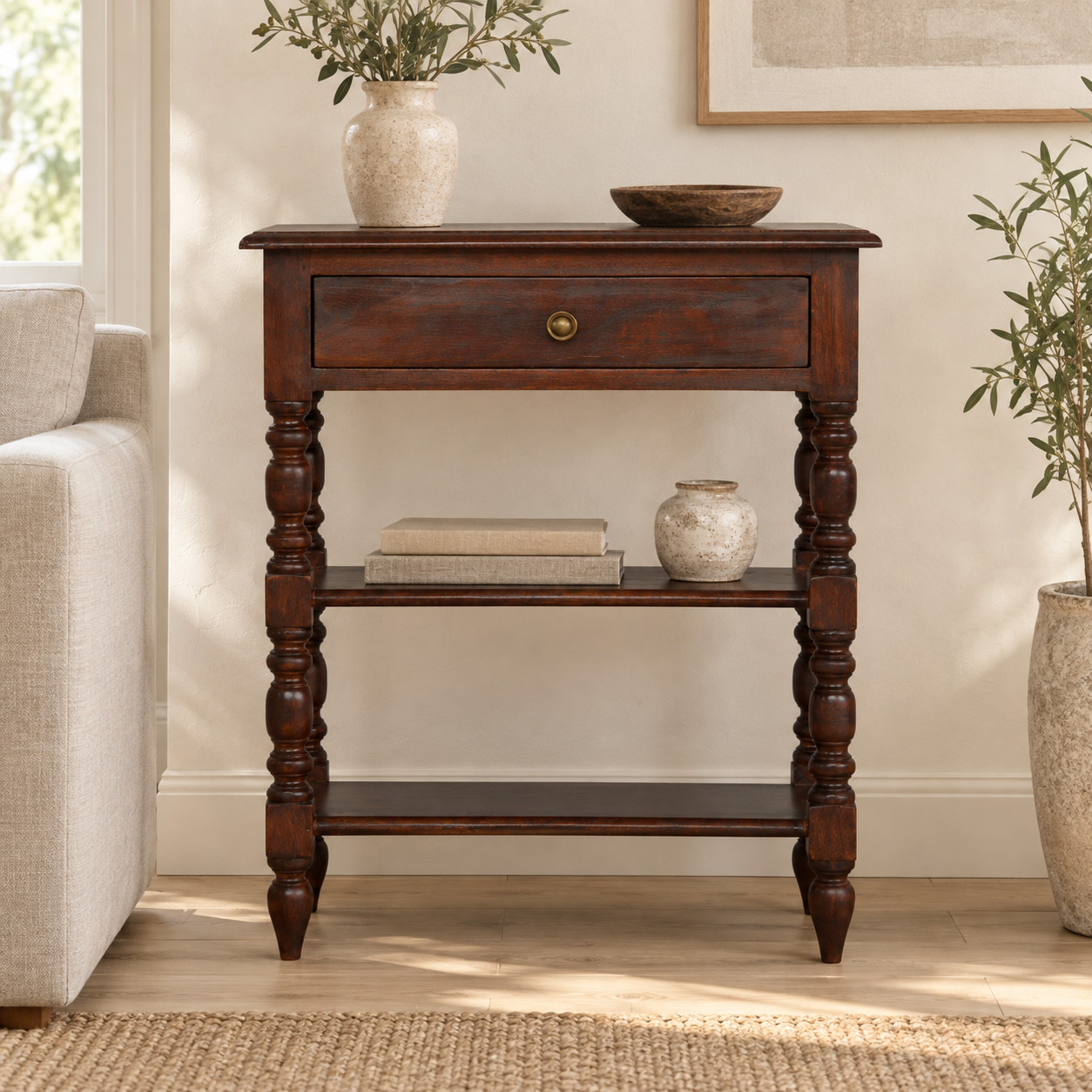 Forma Turned Occasional Table — Chestnut — styled interior