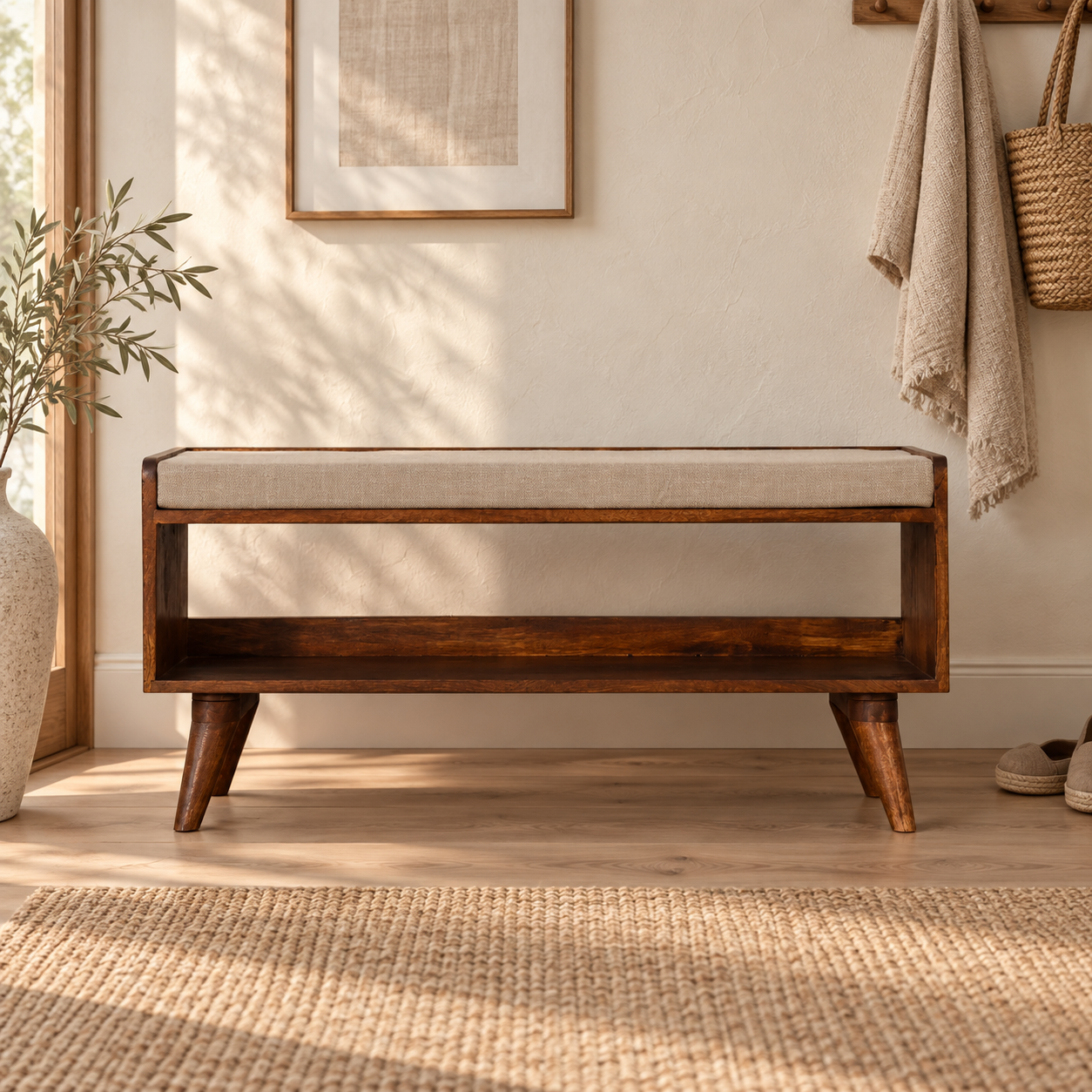 Nord Mud Linen Storage Bench — Chestnut — styled interior
