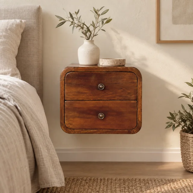 Forma Floating Petite Bedside — Chestnut — styled interior