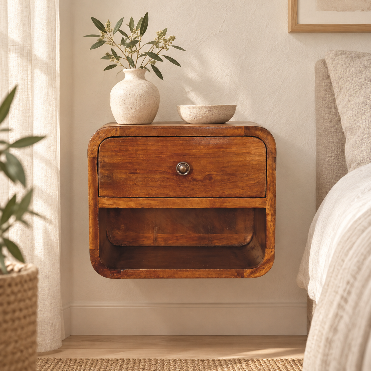 Lina Petite Curve Floating Bedside — Chestnut — styled interior