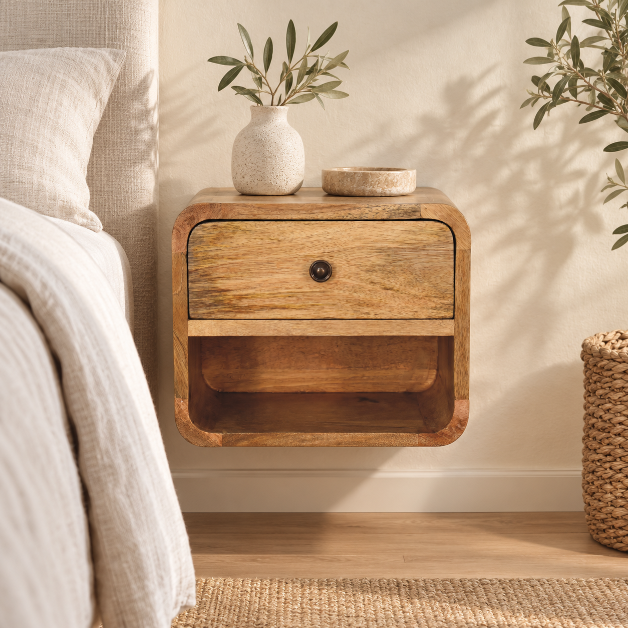 Forma Petite Floating Open Bedside — Natural — styled interior