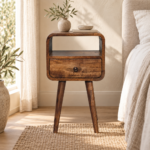 Lina Petite Grey Wash Curve Open Bedside — Grey Washed — styled interior