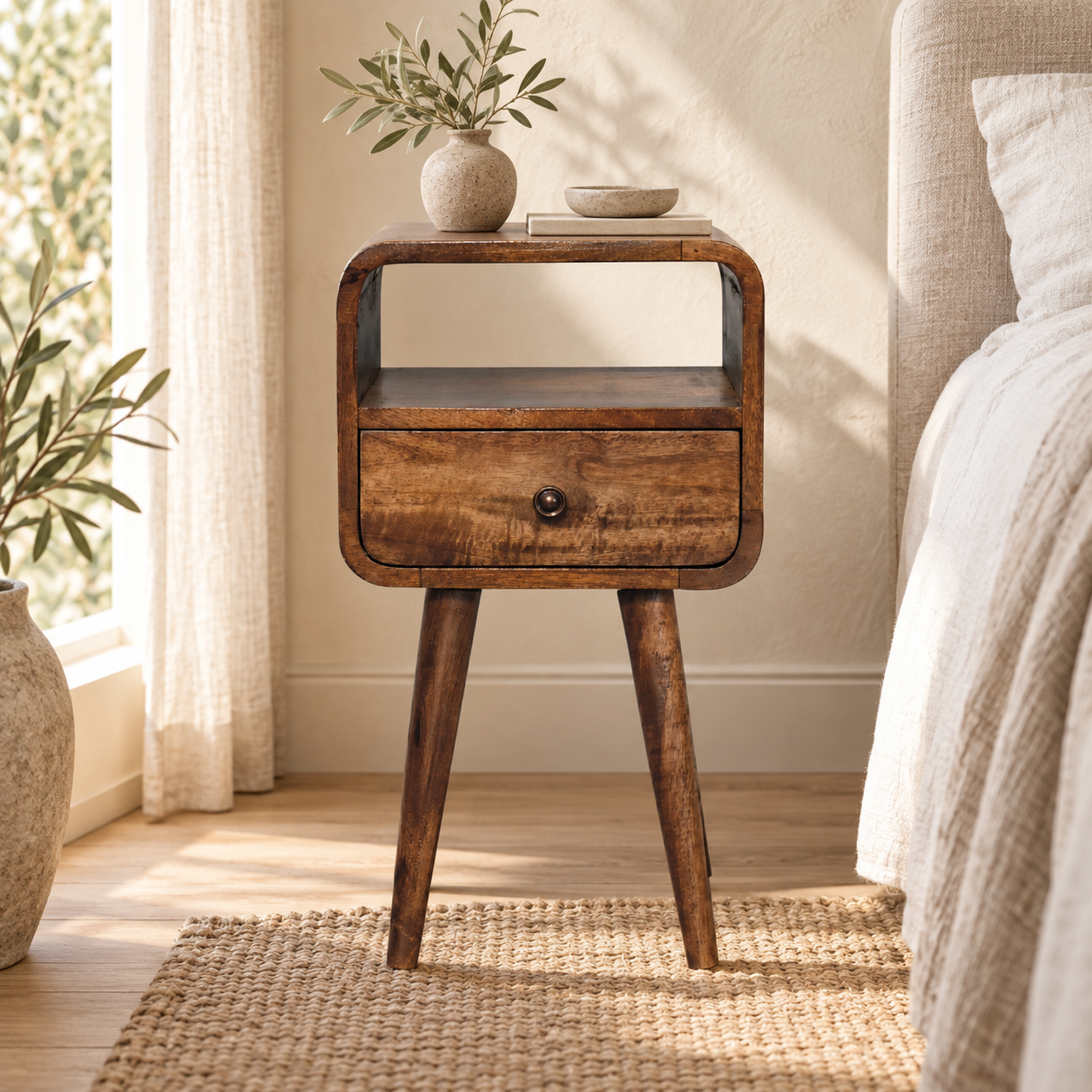 Lina Petite Grey Wash Curve Open Bedside — Grey Washed — styled interior