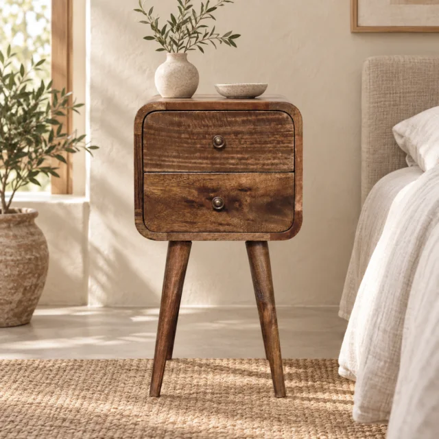 Lina Petite Curved Bedside — Grey Washed — styled interior