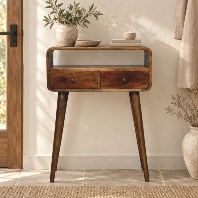 Lina Petite Grey-wash Curved Console — Grey Washed — styled interior