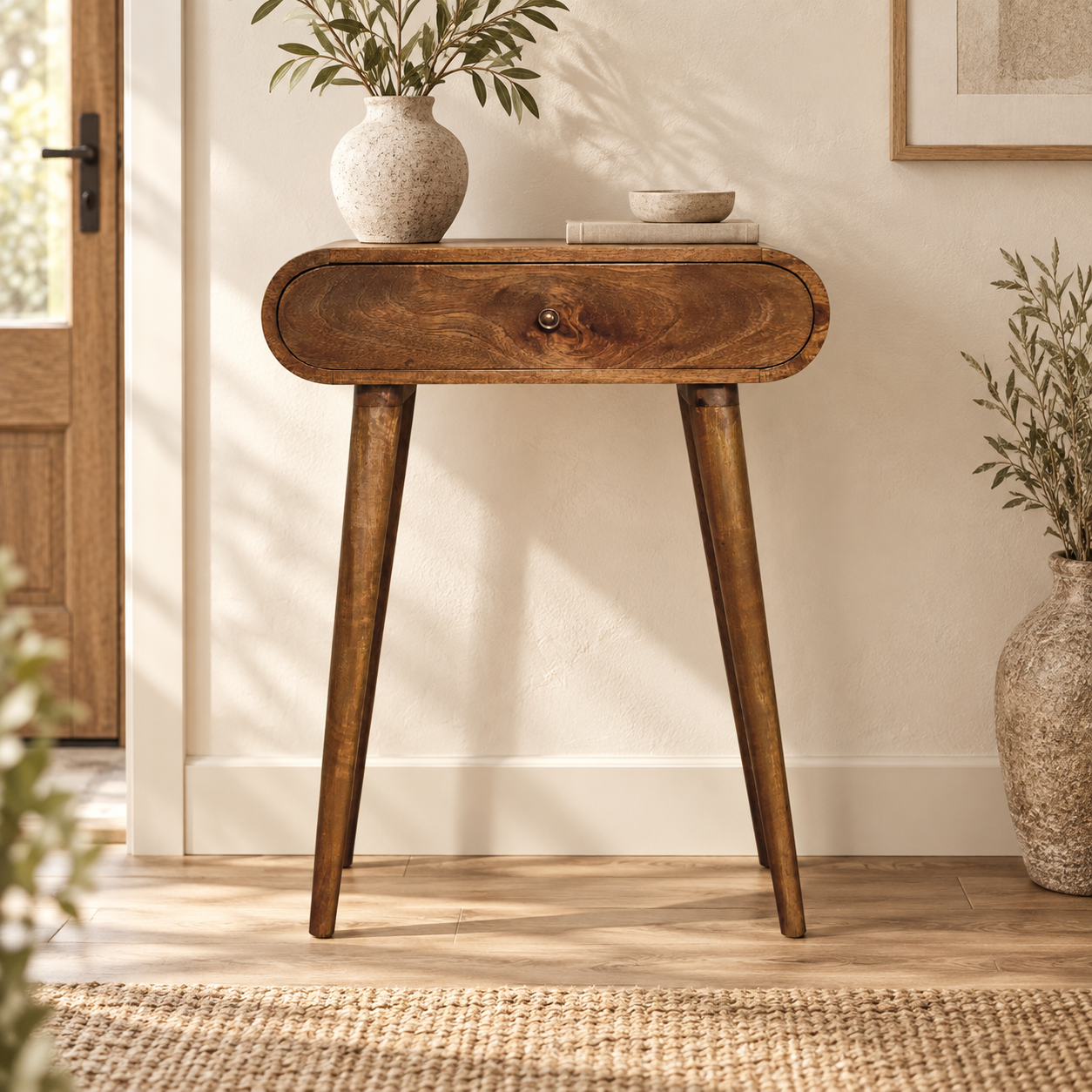Lunden Petite Grey Console Table — Grey Washed — styled interior