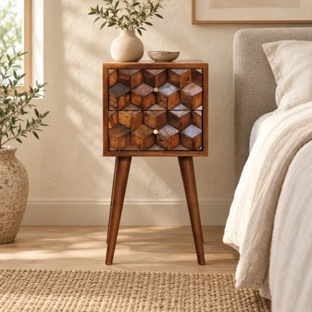 Forma Petite Cube Two-Drawer Bedside — Chestnut — styled interior