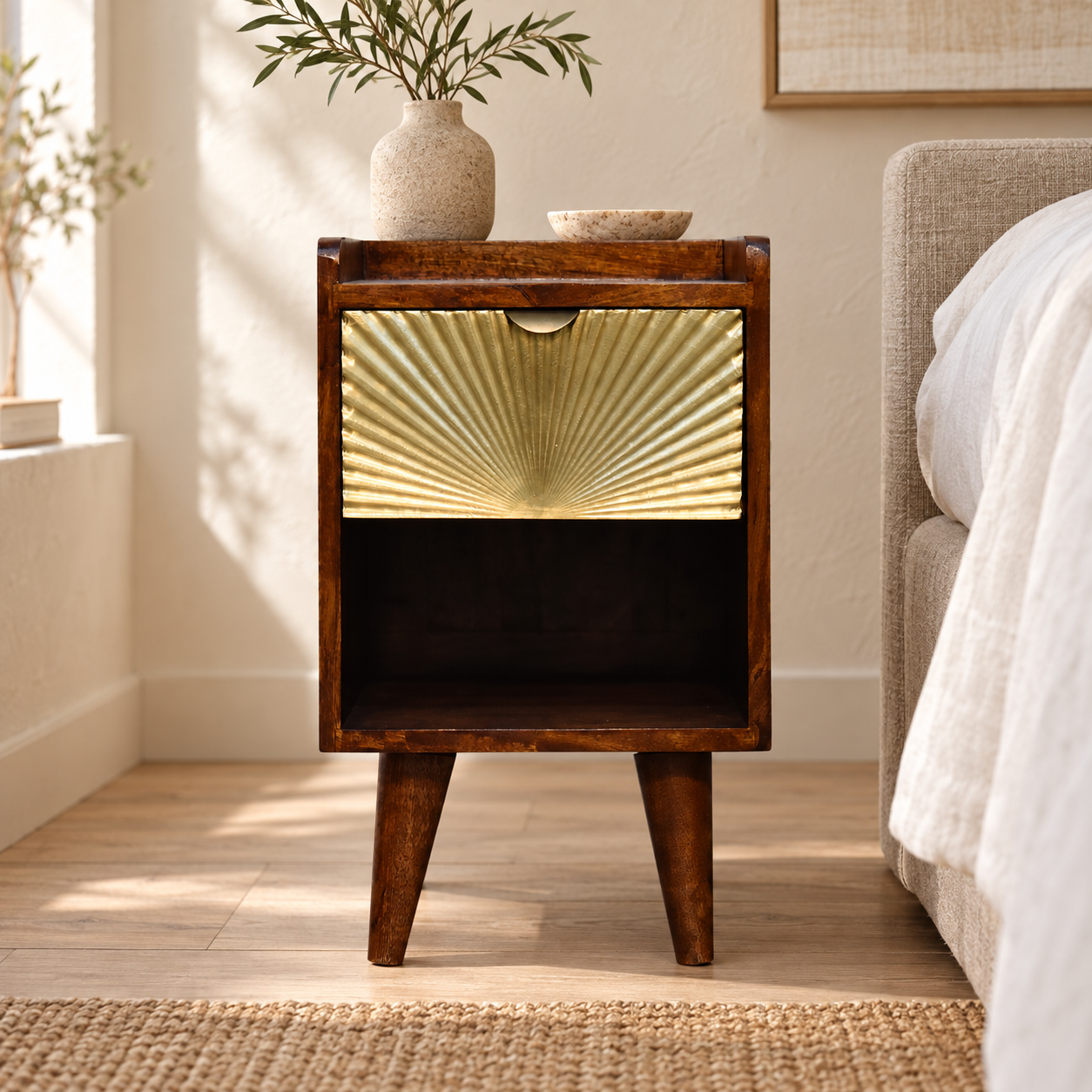 Mila Petite Gold One-Drawer Bedside — Chestnut in a styled interior