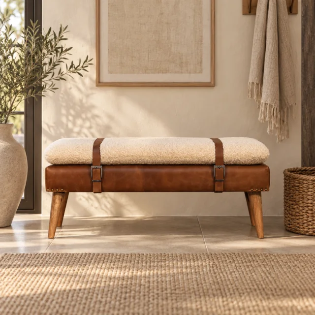 Forma Bouclé Buffalo Hide Leather Bench — Natural — styled interior