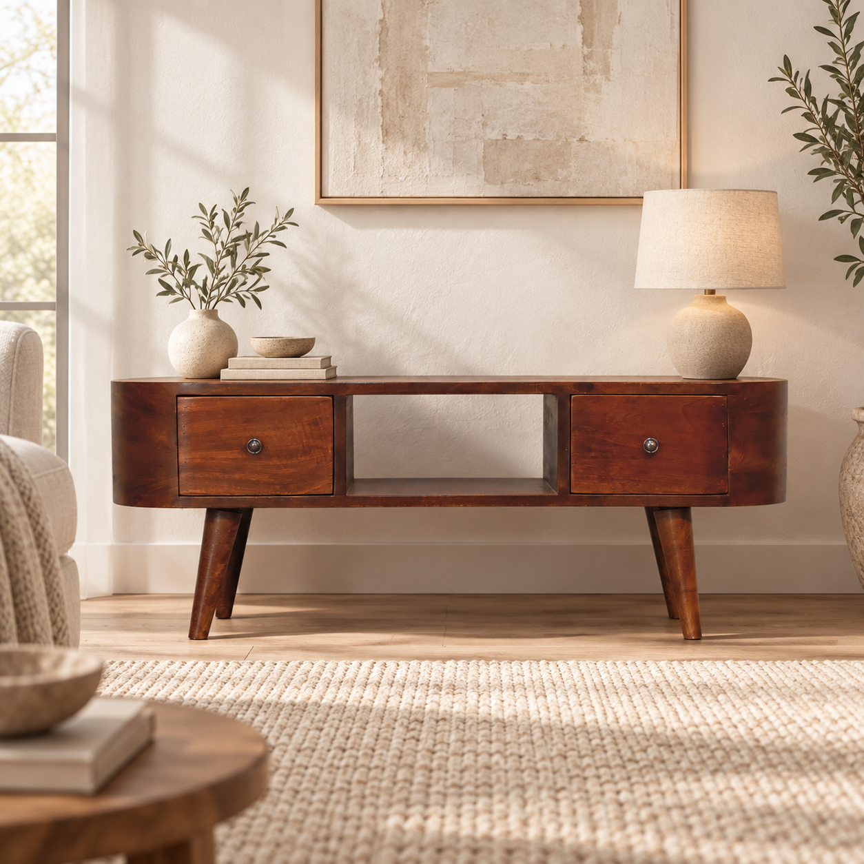Lina Round Open Media Unit — Chestnut — styled interior