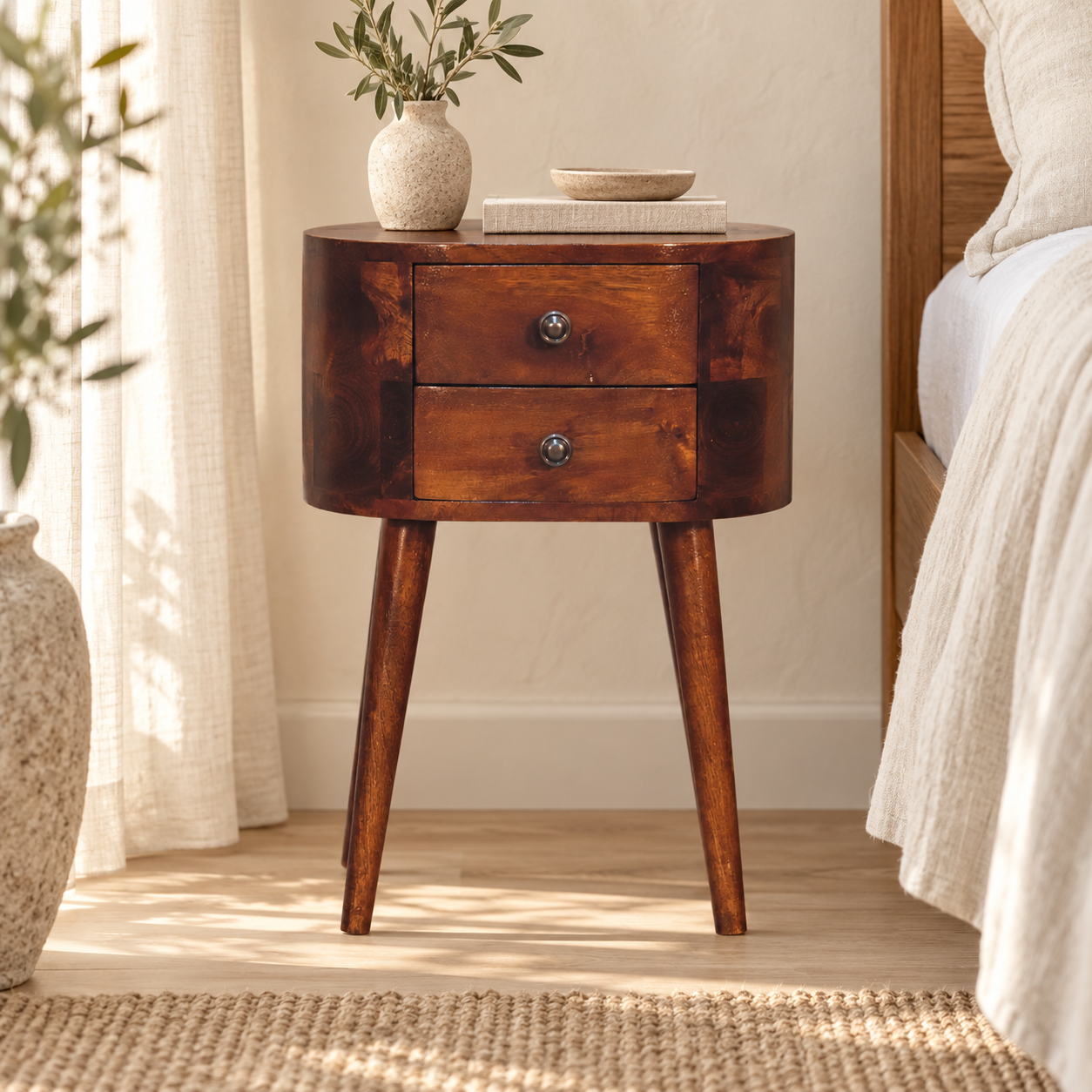 Lina Petite Rounded Bedside Table — Chestnut — styled interior