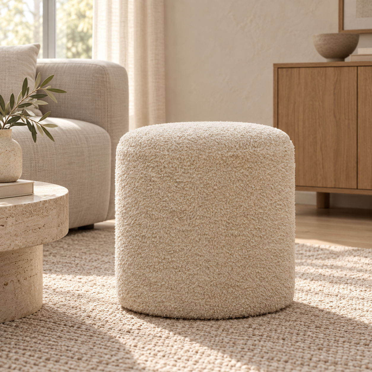 Lina Boucle Cream Round Footstool — styled interior