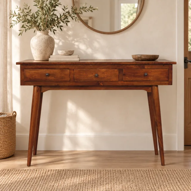 Forma Large Three-Drawer Console — Chestnut — styled interior