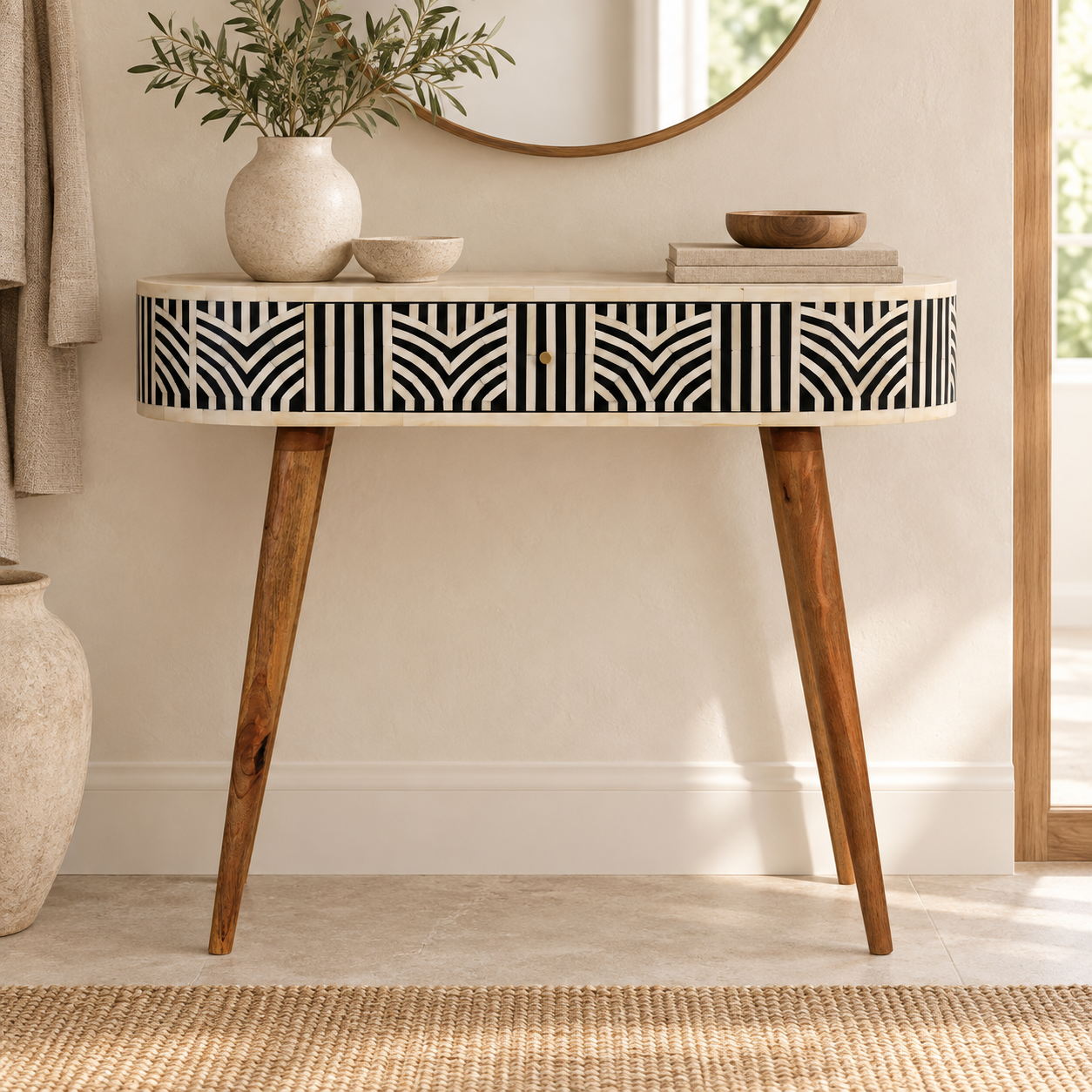 Edda Bone Inlay Console Table — Natural in a styled interior
