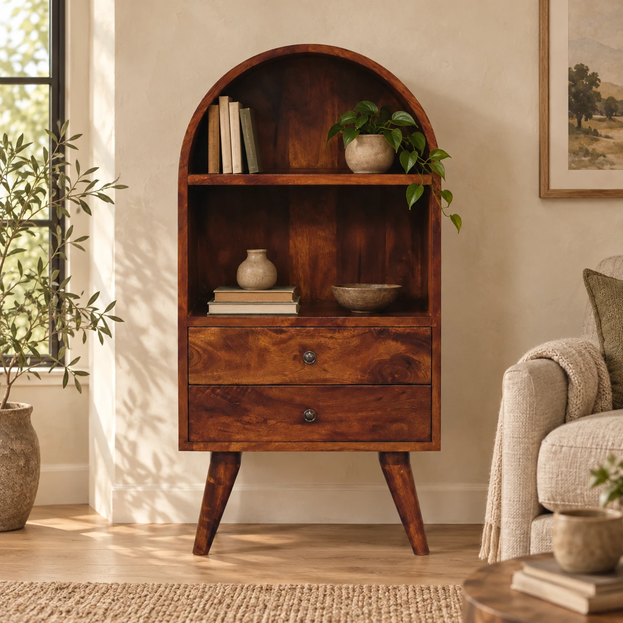 Lina Rounded Display Cabinet — Chestnut — styled interior