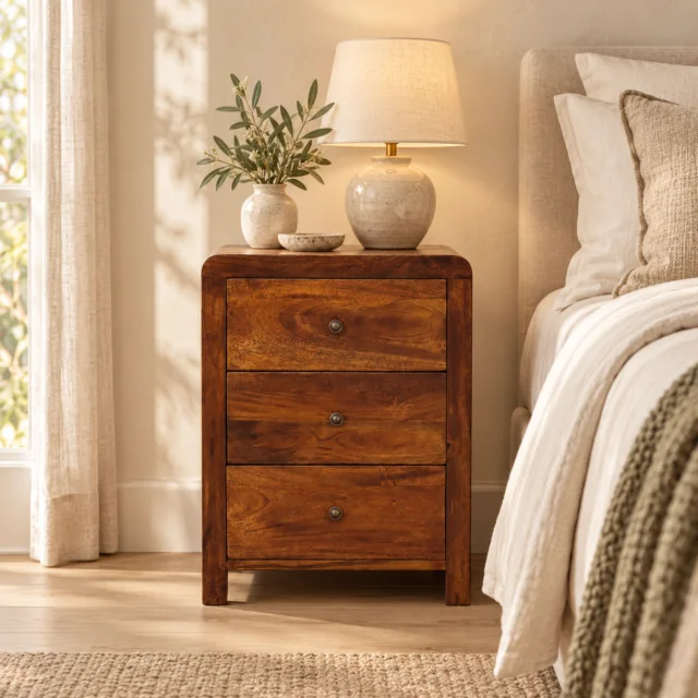 Aspen Three-Drawer Bedside — styled interior