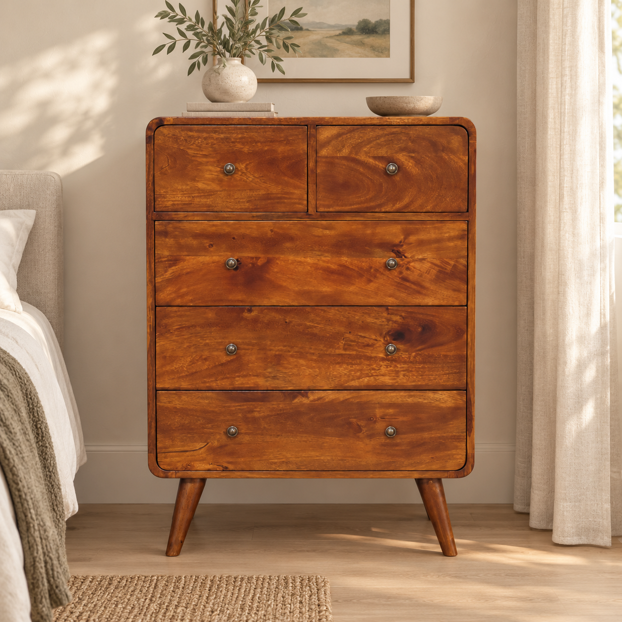Lina Five-Drawer Chest — Chestnut — styled interior