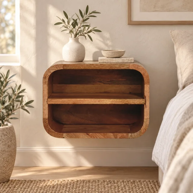 Lina Floating Open Curve Bedside — Natural — styled interior