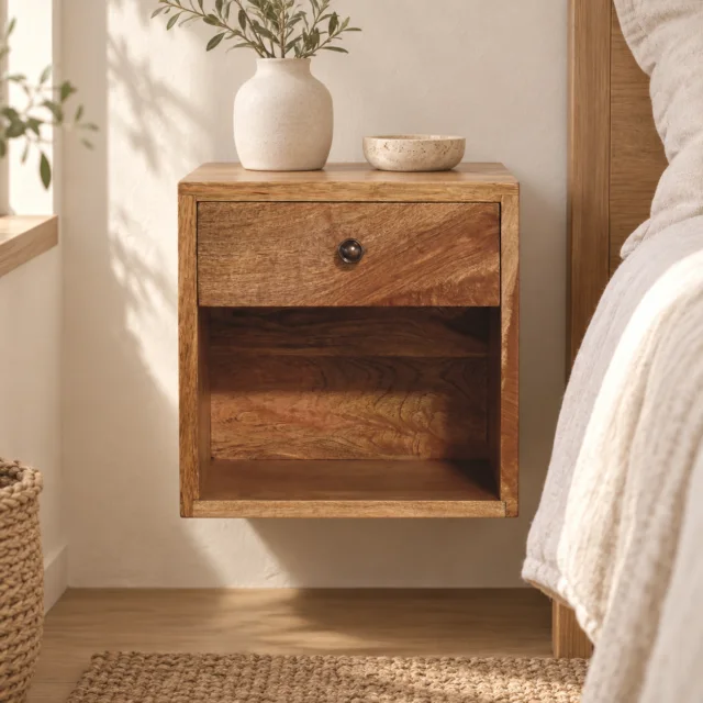 Forma Floating Petite Classic Bedside — Natural — styled interior