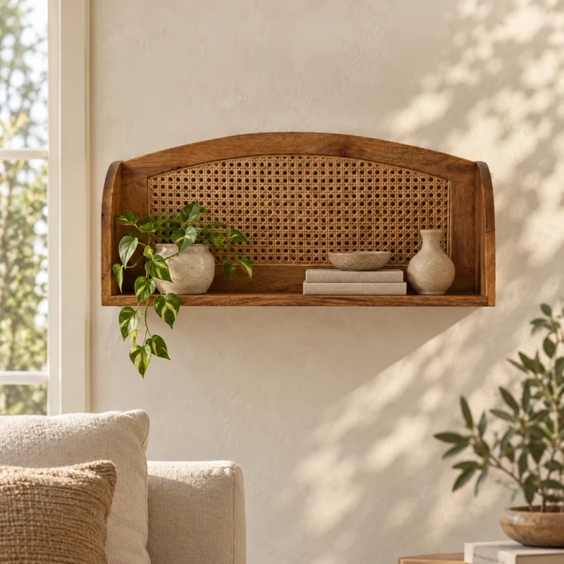 Larissa Rattan Wall Shelf — styled interior