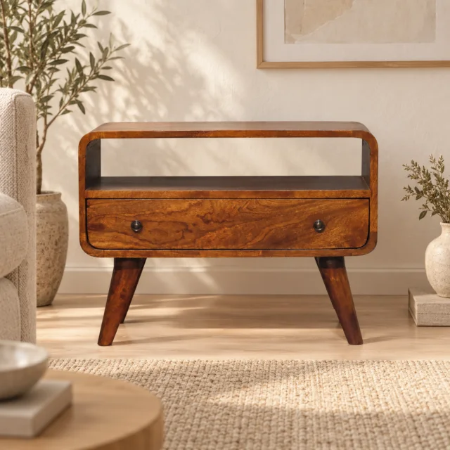 Lina Petite Curved Media Unit — Chestnut — styled interior