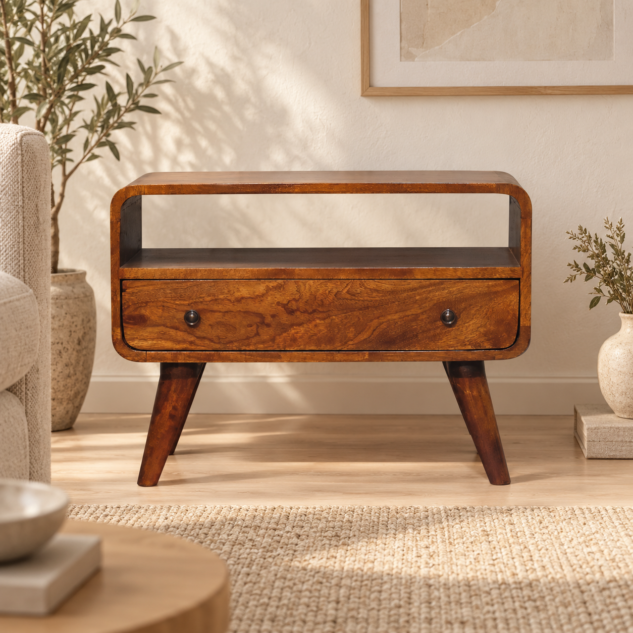 Lina Petite Curved Media Unit — Chestnut — styled interior